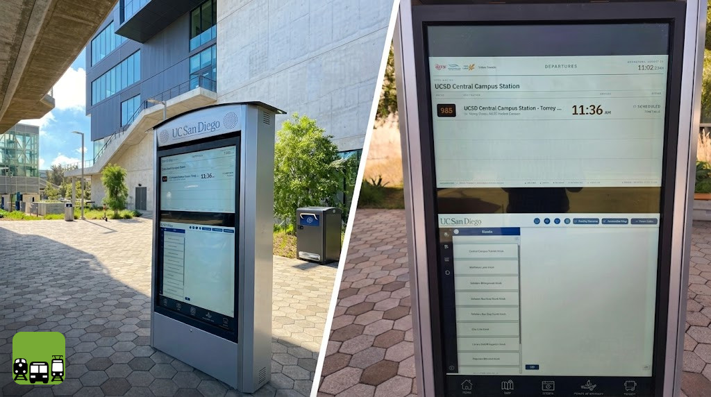 A Waystation real-time departures display on a kiosk at UC San Diego's Central Campus Station